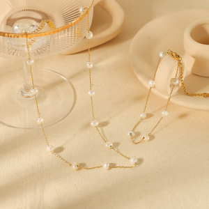1 Pièce De Collier Chaîne De Perles En Acier Inoxydable Plaqué Or  Élégant Et À La Mode Pour Femme À Porter Au Quotidien h5 Image3