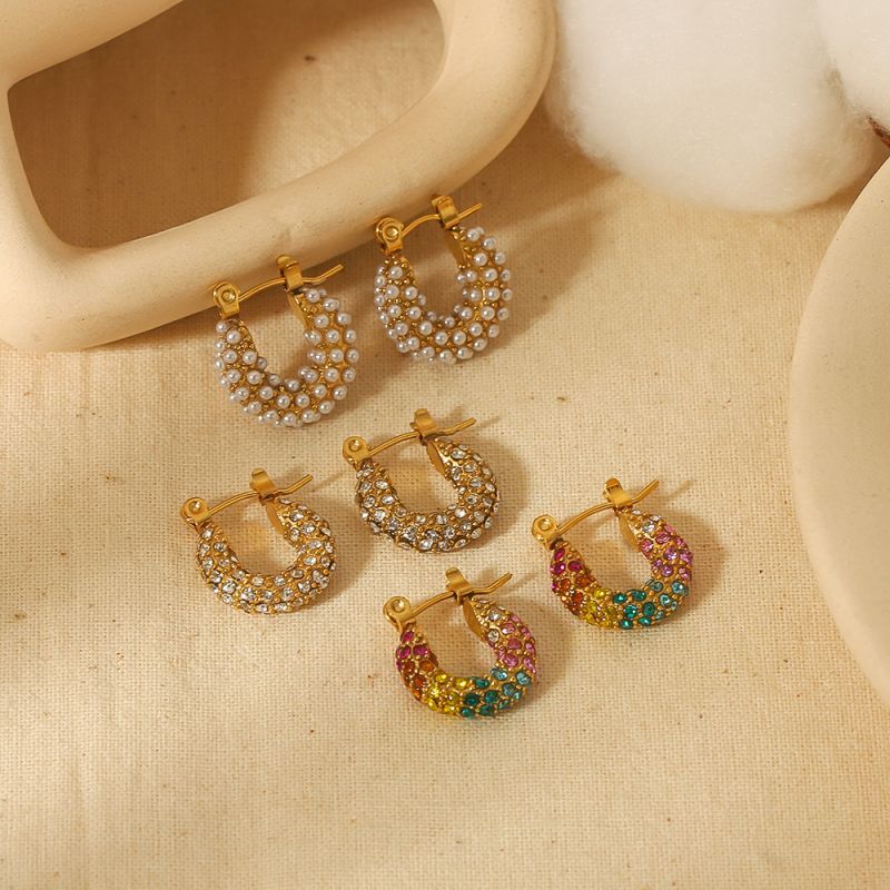 1 Paire De Boucles D'Oreilles Exquises Et À La Mode En Acier Inoxydable Plaqué Or  Avec Perles De Zircon Colorées Pour Femmes À Porter Au Quotidien Image3
