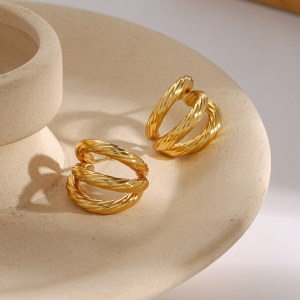 Boucles D'Oreilles En Acier Inoxydable Or , Légères, Luxueuses, Simples, Haut De Gamme, Niche, Trois Couches Filetées, En Acier Titane, Boucles D'Oreilles En Forme De C h5 Image5