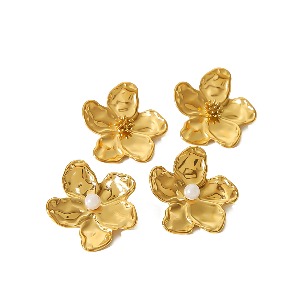 1 Paire De Boucles D'Oreilles Personnalisées En Acier Inoxydable Plaqué Or  En Forme De Fleur Martelée Pour Un Usage Quotidien Pour Femme Image6