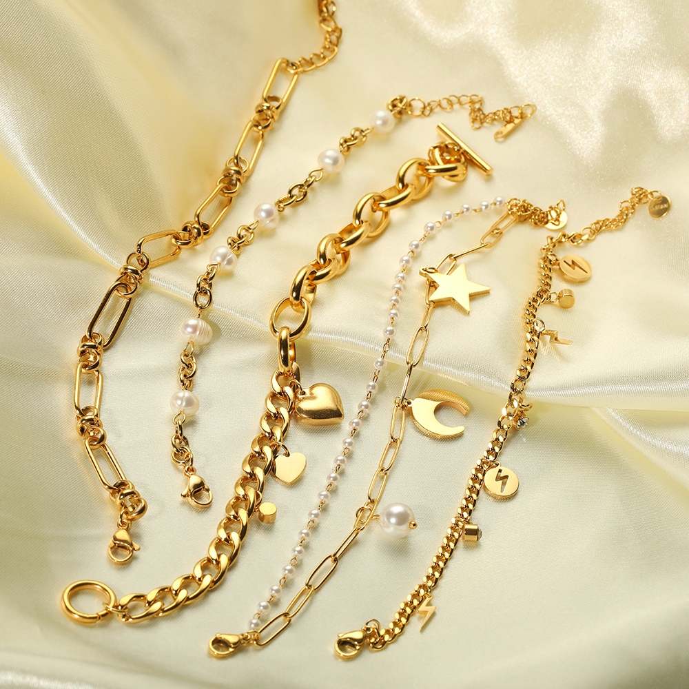 Bracelet À Breloques Pour Femme, Série Simple, Cœur Doux, En Acier Inoxydable Plaqué Or , Perles Artificielles Image4
