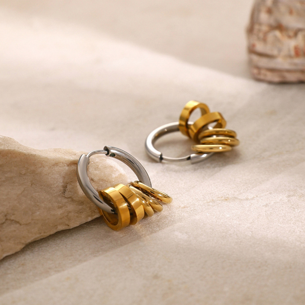 Boucles D'Oreilles En Acier Inoxydable Or , Anneau En Acier Poli Assorti, Cinq Petits Anneaux Suspendus En Or, Boucles D'Oreilles En Acier Titane Image5