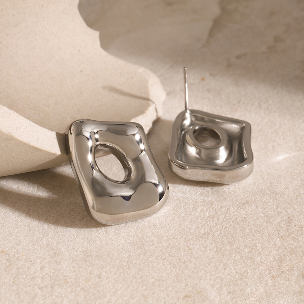 Boucles D'Oreilles Creuses En Acier Inoxydable Or  De Forme Spéciale, Boucles D'Oreilles Géométriques En Acier Titane De Haute Qualité Au Design Unique De Niche Européenne Et Américaine Image5