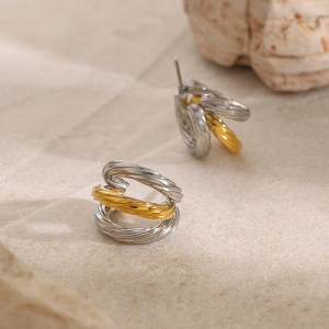 Boucles D'Oreilles En Acier Inoxydable Or , Légères, Luxueuses, Simples, Haut De Gamme, Niche, Trois Couches Filetées, En Acier Titane, Boucles D'Oreilles En Forme De C h5 Image4