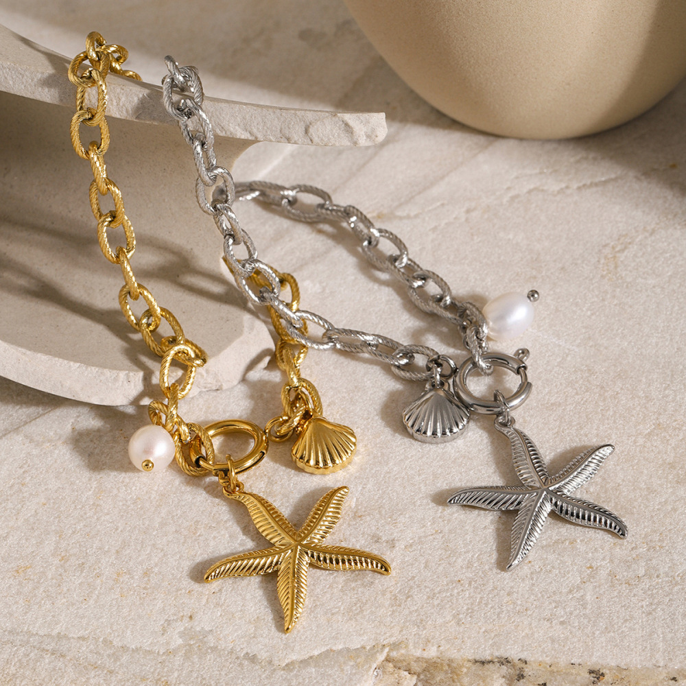 Bracelet En Acier Inoxydable Or , Coquille D'Étoile De Mer, Conque, Bracelet En Acier Titane De La Nouvelle Série Océan Européenne Et Américaine D'  Image4