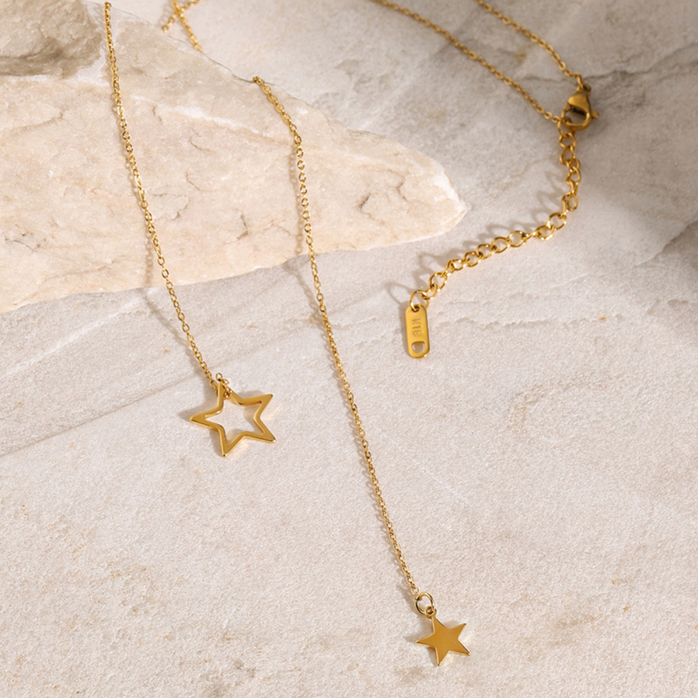 Collier En Acier Inoxydable Or  Avec Pendentif Étoile À Cinq Branches, Grand Et Petit, En Forme De Y, À La Mode Et Simple, Petit Collier En Acier Titane Frais Pour Femmes Image2