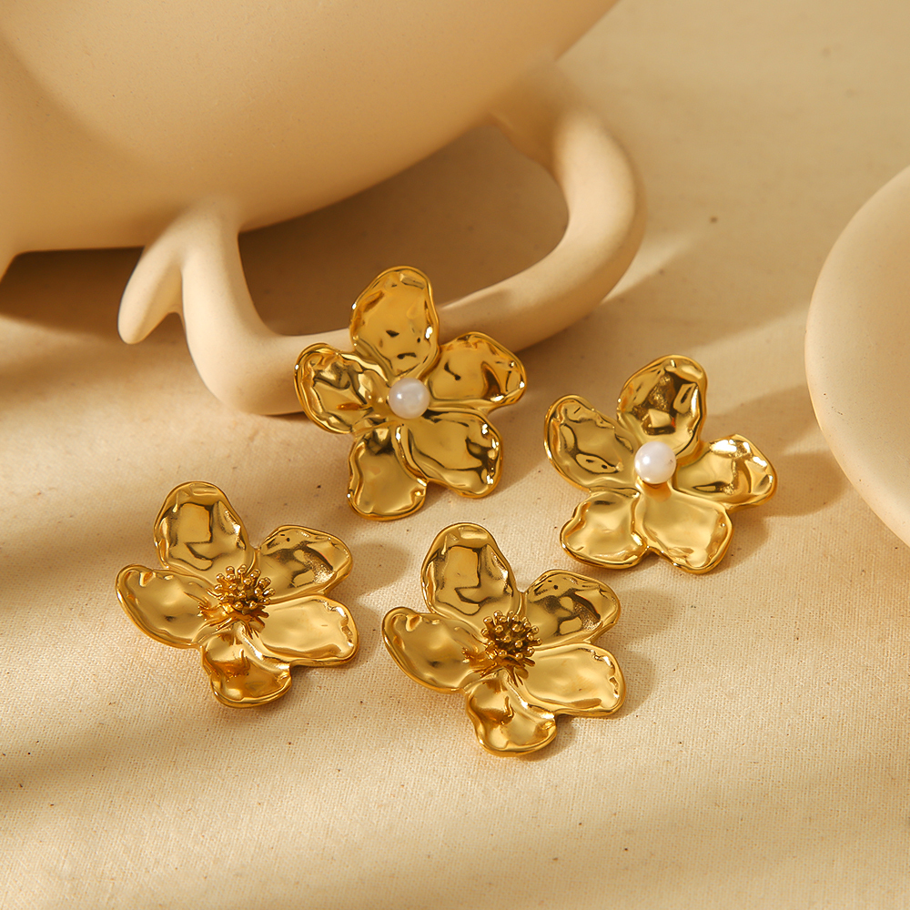 1 Paire De Boucles D'Oreilles Personnalisées En Acier Inoxydable Plaqué Or  En Forme De Fleur Martelée Pour Un Usage Quotidien Pour Femme Image5