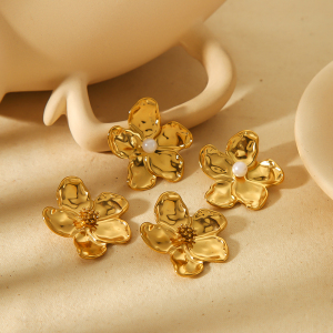 1 Paire De Boucles D'Oreilles Personnalisées En Acier Inoxydable Plaqué Or  En Forme De Fleur Martelée Pour Un Usage Quotidien Pour Femme h5 Image5