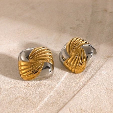 Boucles D'Oreilles Carrées En Acier Inoxydable Or , Assorties Aux Couleurs Or Et Argent, Boucles D'Oreilles Bicolores En Acier Titane Haut De Gamme Uniques Et De Luxe 2