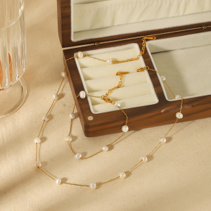 1 Pièce De Collier Chaîne De Perles En Acier Inoxydable Plaqué Or  Élégant Et À La Mode Pour Femme À Porter Au Quotidien h5 Image4