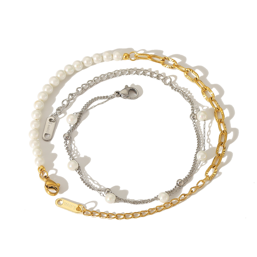 1 Pièce De Bracelet À Chaîne De Perles Double Couche En Acier Inoxydable Plaqué Or  Exquis Et Élégant Pour Bijoux Pour Femmes À Porter Au Quotidien Image5