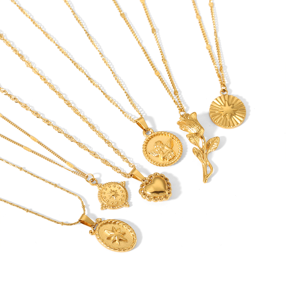 1 Pièce De Collier Pendentif Rond Géométrique Vintage Classique En Acier Inoxydable Plaqué Or  Avec Motif Rose D'Amour Pour Un Usage Quotidien Pour Femme Image3