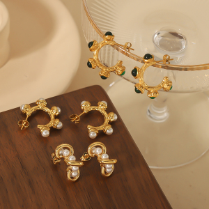 1 Paire De Boucles D'Oreilles Élégantes Et À La Mode En Acier Inoxydable Plaqué Or  Avec Perles Et Pierres Précieuses Pour Femmes À Porter Au Quotidien h5 Image4