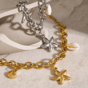 Bracelet En Acier Inoxydable Or , Coquille D'Étoile De Mer, Conque, Bracelet En Acier Titane De La Nouvelle Série Océan Européenne Et Américaine D'  h5 Image8