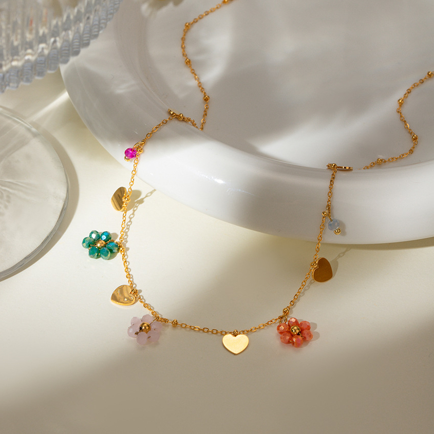 Bijoux Transfrontaliers Européens Et Américains De Style Ins En Acier Inoxydable Avec Perles De Verre Colorées En Forme De Fleur Et Pendentif D'Amour, Chaîne De Perles Rondes h5Image4