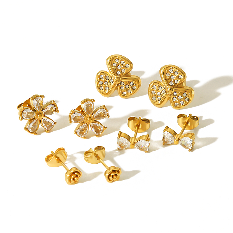 Boucles D'Oreilles Puces Pour Femmes En Acier Inoxydable, Couleur Or, En Forme De Fleur Délicate. Image4