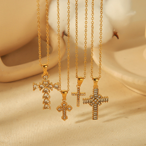 1 Pièce De Collier Pendentif Croix Diamant En Acier Inoxydable Plaqué Or  Personnalisé Pour Un Usage Quotidien Pour Femme h5 Image3