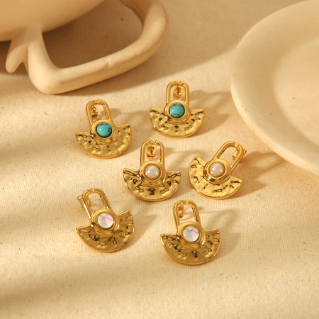 1 paire de boucles d'oreilles personnalisées en acier inoxydable plaqué or  avec pierres naturelles martelées géométriques pour un usage quotidien pour femmes