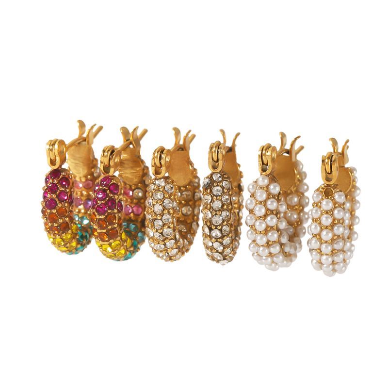 1 Paire De Boucles D'Oreilles Exquises Et À La Mode En Acier Inoxydable Plaqué Or  Avec Perles De Zircon Colorées Pour Femmes À Porter Au Quotidien Image5