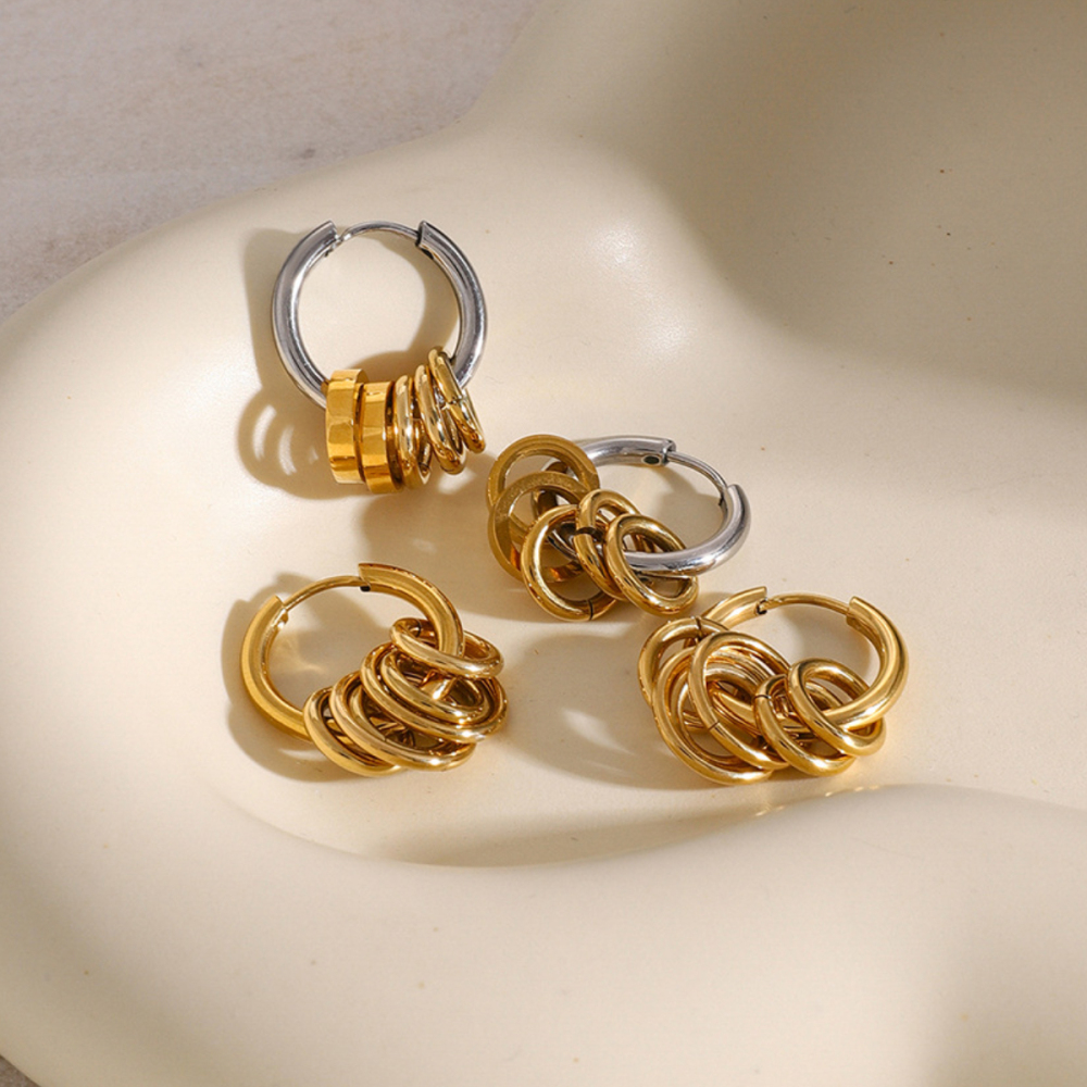Boucles D'Oreilles En Acier Inoxydable Or , Anneau En Acier Poli Assorti, Cinq Petits Anneaux Suspendus En Or, Boucles D'Oreilles En Acier Titane Image3