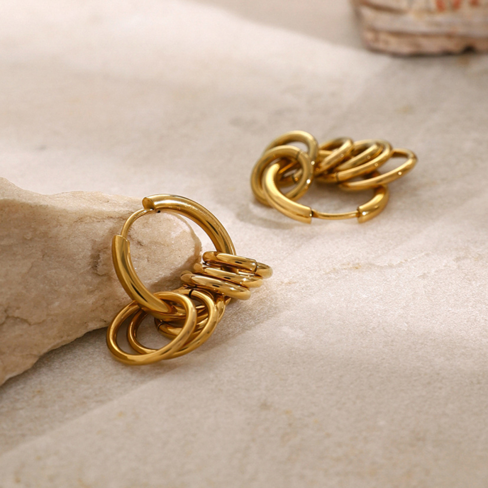 Boucles D'Oreilles En Acier Inoxydable Or , Anneau En Acier Poli Assorti, Cinq Petits Anneaux Suspendus En Or, Boucles D'Oreilles En Acier Titane Image6