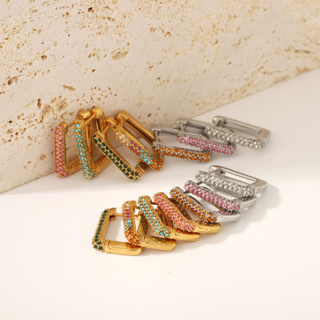 1 paire de boucles d'oreilles rectangulaires élégantes et simples en acier inoxydable plaqué or  avec zircons colorés pour femmes à porter au quotidien 2