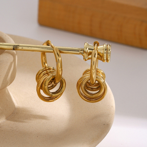 Boucles D'Oreilles En Acier Inoxydable Or , Anneau En Acier Poli Assorti, Cinq Petits Anneaux Suspendus En Or, Boucles D'Oreilles En Acier Titane h5 Image8