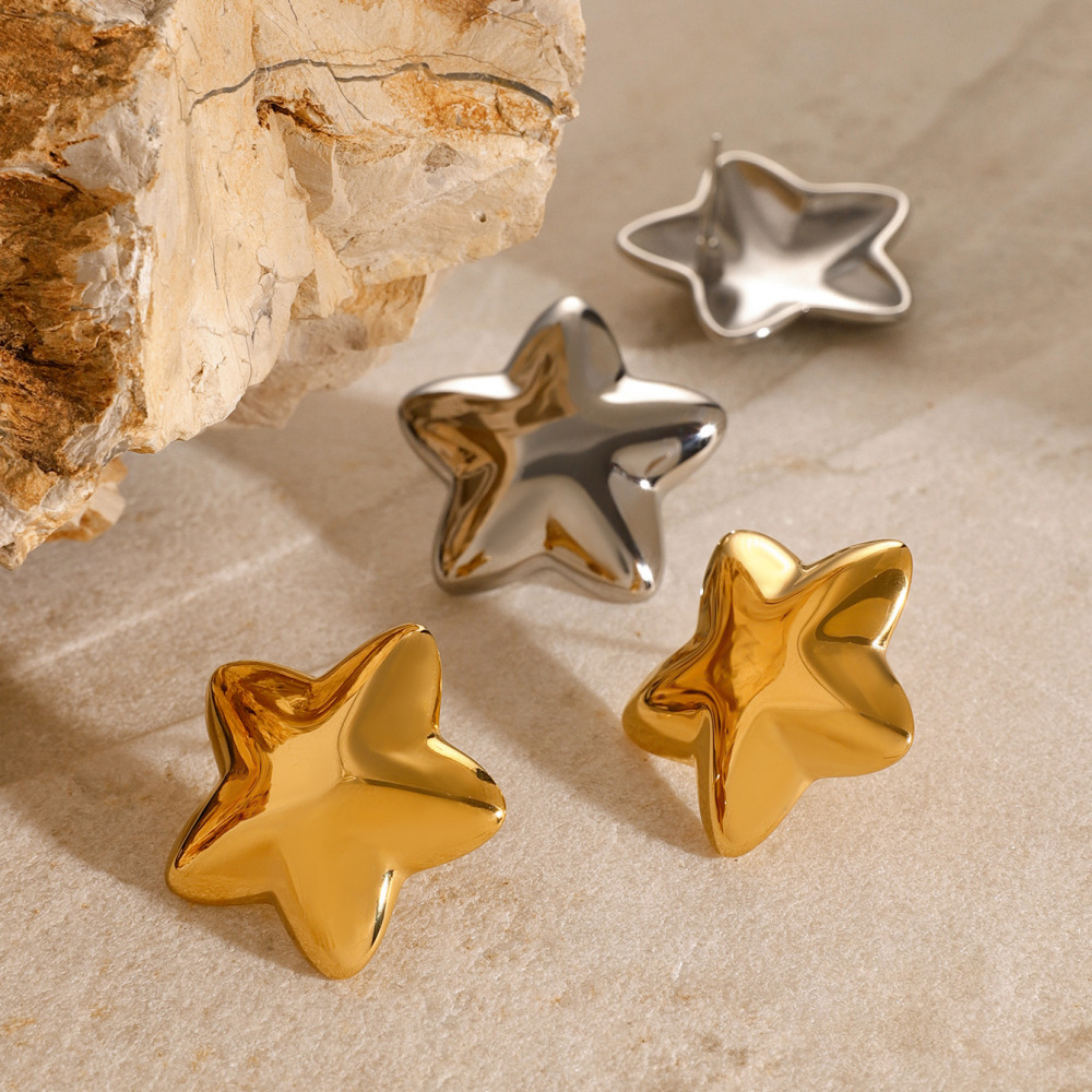 Boucles D'Oreilles En Acier Inoxydable Or  En Forme D'Étoile À Cinq Branches, Style Européen Et Américain, Boucles D'Oreilles Simples En Acier Titane Pour S Internet Image3