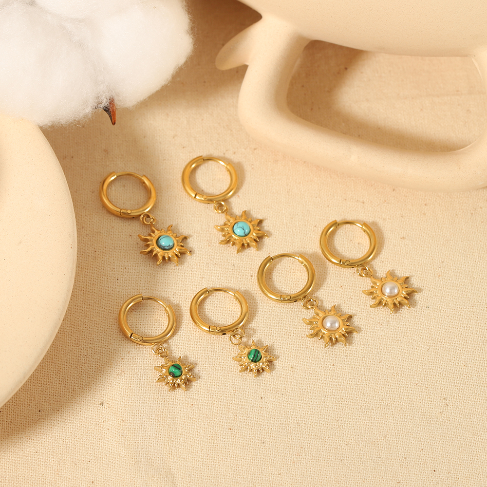 1 Paire De Boucles D'Oreilles Pendantes Pour Femme, Série Simple, Motif Soleil/Lune, En Acier Inoxydable Plaqué Or , Pierres Naturelles Image3