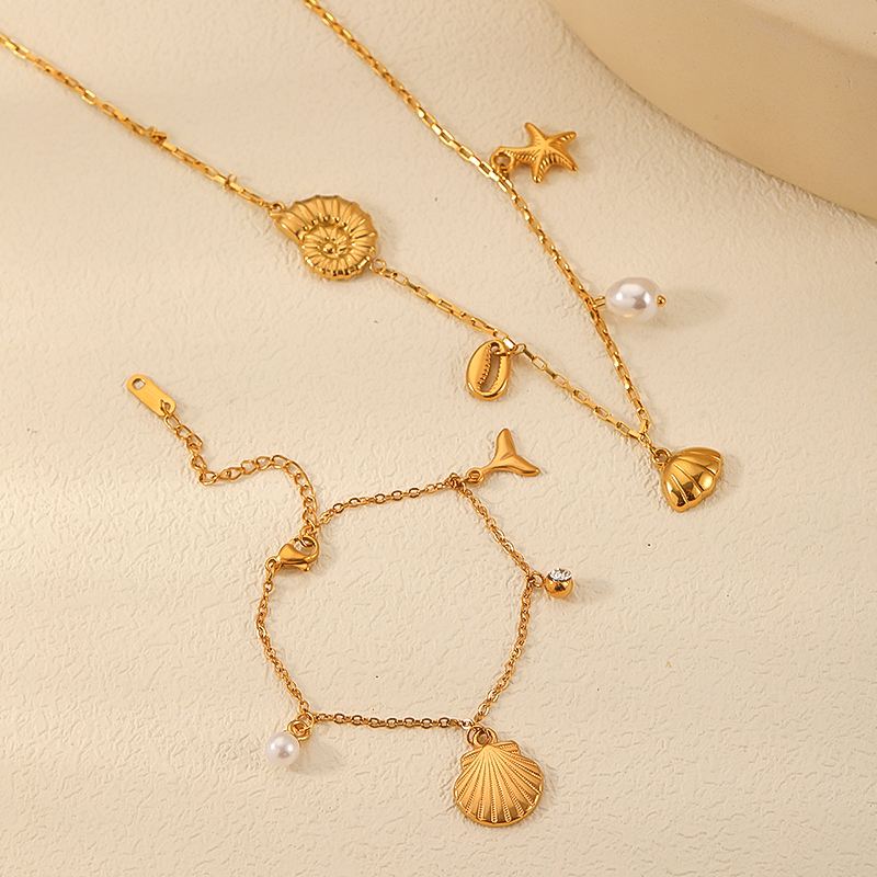 Collier Avec Pendentif Géométrique En Acier Inoxydable Plaqué Or  Et Perles Artificielles Pour Femme, Série Simple, 1 Pièce Image3