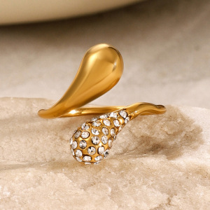 Bague Ajustable Pour Femme, Style Simple, En Forme De Goutte, En Acier Inoxydable Étanche Avec Incrustations Dorées Et Strass. h5 Image3