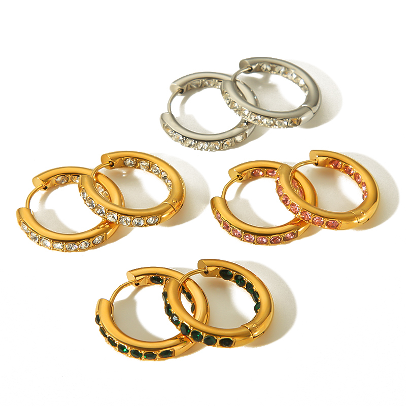 1 Paire De Boucles D'Oreilles Créoles Géométriques Simples En Acier Inoxydable Plaqué Or  Et Zircone Pour Femme Image5