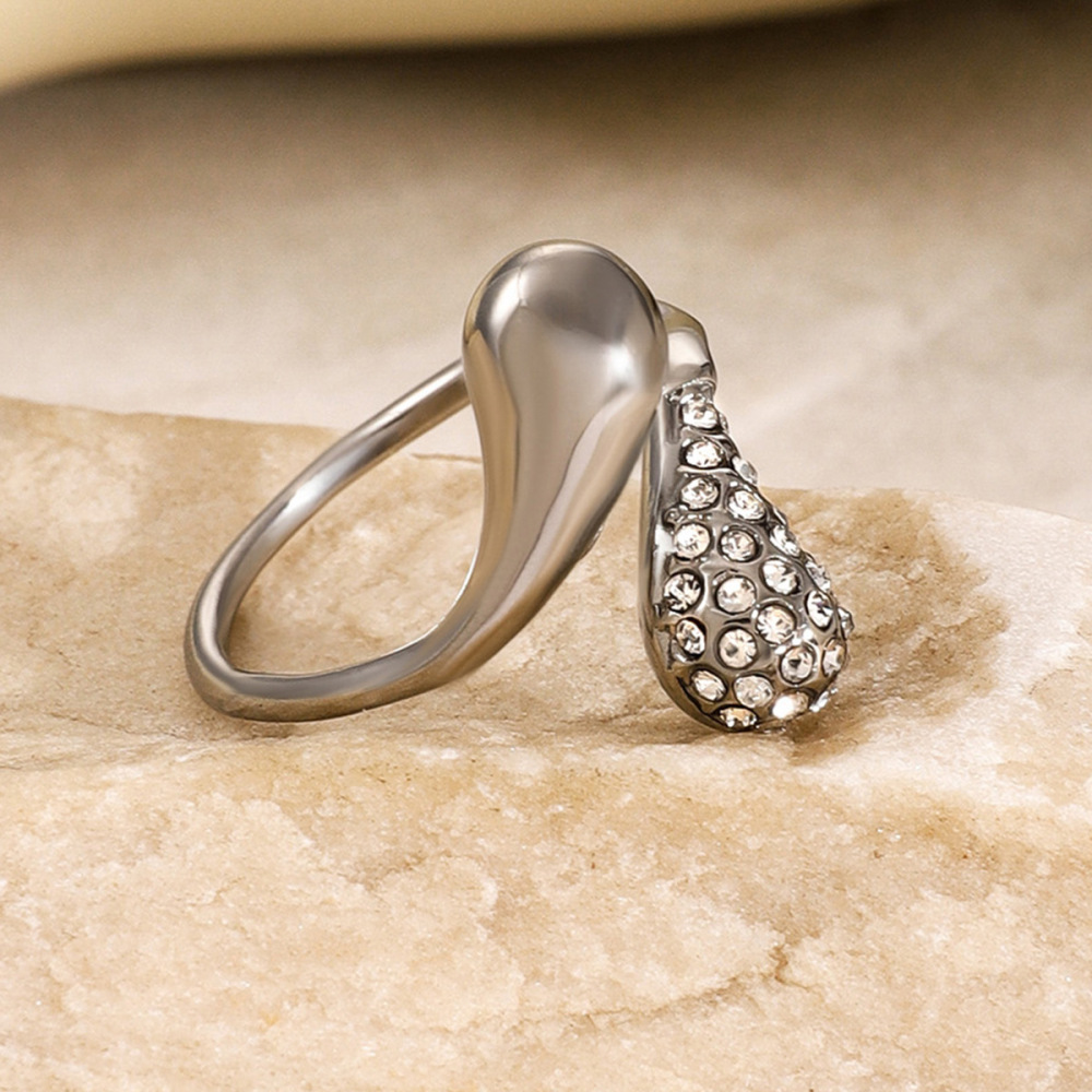 Bague Ajustable Pour Femme, Style Simple, En Forme De Goutte, En Acier Inoxydable Étanche Avec Incrustations Dorées Et Strass. h5Image6