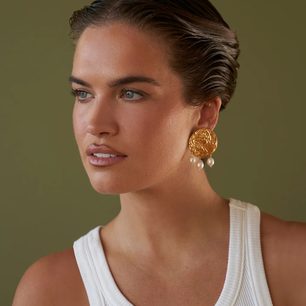 1 Paire De Boucles D'Oreilles Pendantes En Acier Inoxydable Or  Avec Perles Ovales Martelées Et Rondes, Style Personnalité, Bijoux Tendance Pour Femmes Image2
