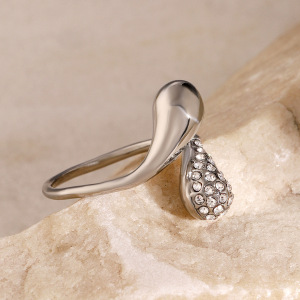 Bague Ajustable Pour Femme, Style Simple, En Forme De Goutte, En Acier Inoxydable Étanche Avec Incrustations Dorées Et Strass. h5 Image5