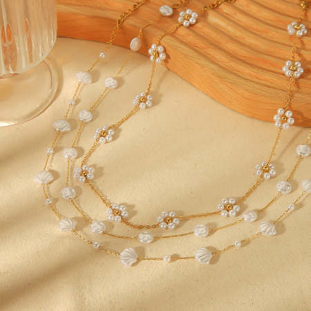 1 paire 1 pièce exquise mode  plaqué or acier inoxydable perle fleur coquillage collier bijoux pour femmes usage quotidien femmes chaîne colliers 2