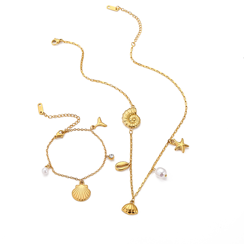Collier Avec Pendentif Géométrique En Acier Inoxydable Plaqué Or  Et Perles Artificielles Pour Femme, Série Simple, 1 Pièce Image5