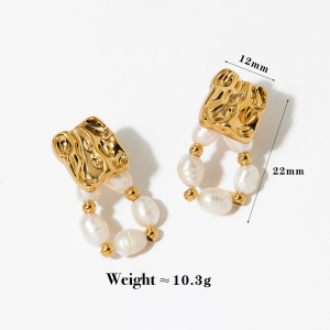 Boucles D'Oreilles Pendantes Pour Femme, Style Rétro, En Acier Inoxydable Imperméable, Ornées De Perles Et D'Un Motif Martelé. h5 