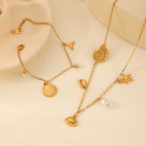 Collier Avec Pendentif Géométrique En Acier Inoxydable Plaqué Or  Et Perles Artificielles Pour Femme, Série Simple, 1 Pièce h5 Image4