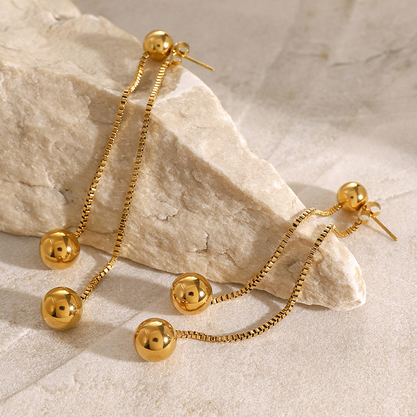 Boucles D'Oreilles Pendantes Pour Femme, Style Rétro Simple, En Acier Inoxydable Plaqué Or, Forme Pompon, 1 Paire Image5