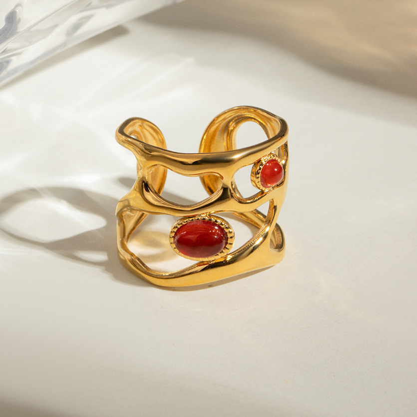 Bague Ajustable Pour Femme, Style Rétro Géométrique, En Acier Inoxydable Plaqué Or, Étanche, Ornée D'Une Pierre Artificielle. Image4