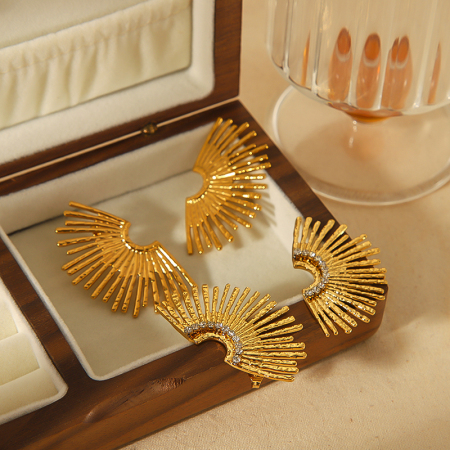 1 paire de boucles d'oreilles à tige géométriques en zircon plaqué or  de la série luxurious style