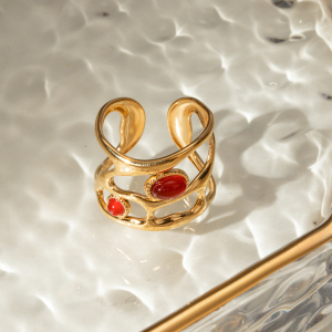 Bague Ajustable Pour Femme, Style Rétro Géométrique, En Acier Inoxydable Plaqué Or, Étanche, Ornée D'Une Pierre Artificielle. h5 Image3