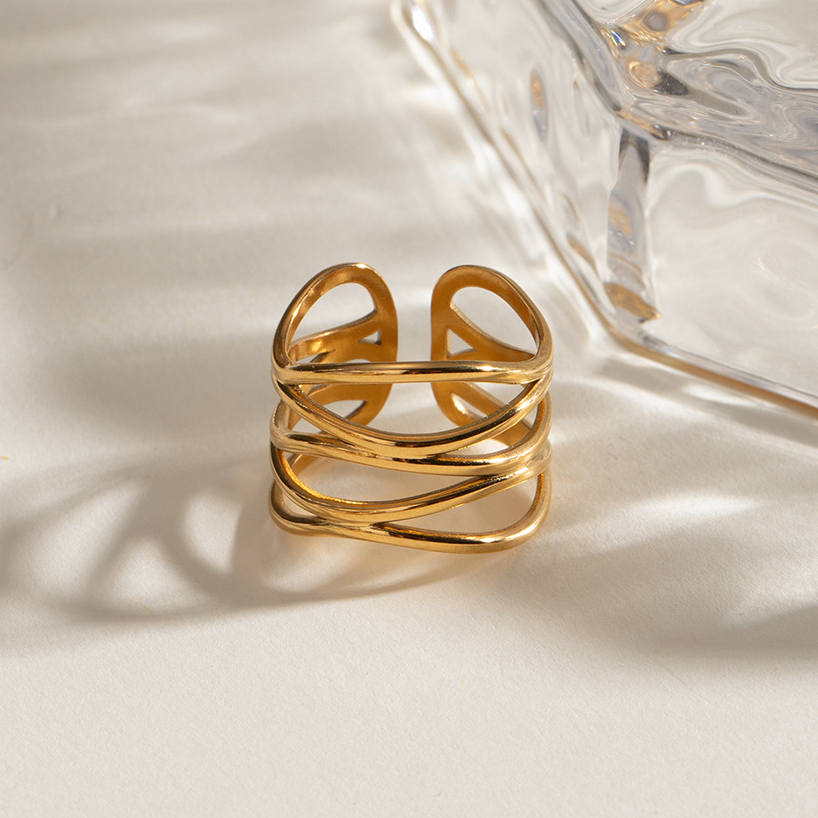 Bague Ajustable Pour Femme, 1 Pièce, En Acier Inoxydable Plaqué Or, Motif Géométrique Simple Image5