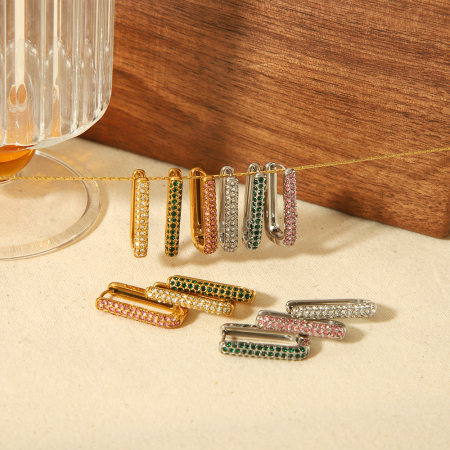 1 paire de boucles d'oreilles créoles géométriques classiques en acier inoxydable plaqué or  avec strass pour femme 2