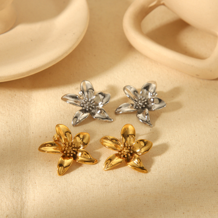1 paire de boucles d'oreilles à tige en acier inoxydable plaqué or  pour femme, série simple, motif fleur douce 2