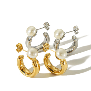 1 Paire De Boucles D'Oreilles À Tige Géométriques Simples En Acier Inoxydable Plaqué Or  Avec Perles Artificielles Pour Femmes h5 Image5