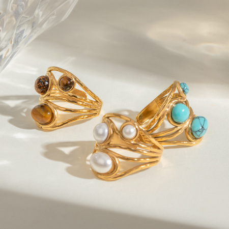 1 paire de bagues ajustables rétro géométriques en acier inoxydable plaqué or  avec pierres précieuses artificielles pour femmes, série classique