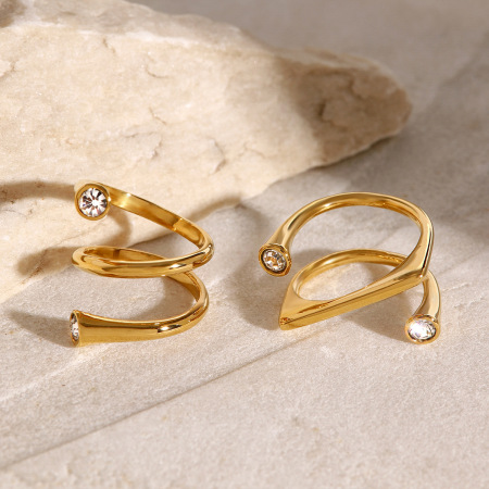 Bague ajustable pour femme, en acier inoxydable plaqué or, ornée de strass et de formes géométriques (1 pièce).