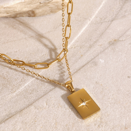 colliers superposés géométriques simples en acier inoxydable plaqué or  avec strass pour femmes, série simple, 1 pièce